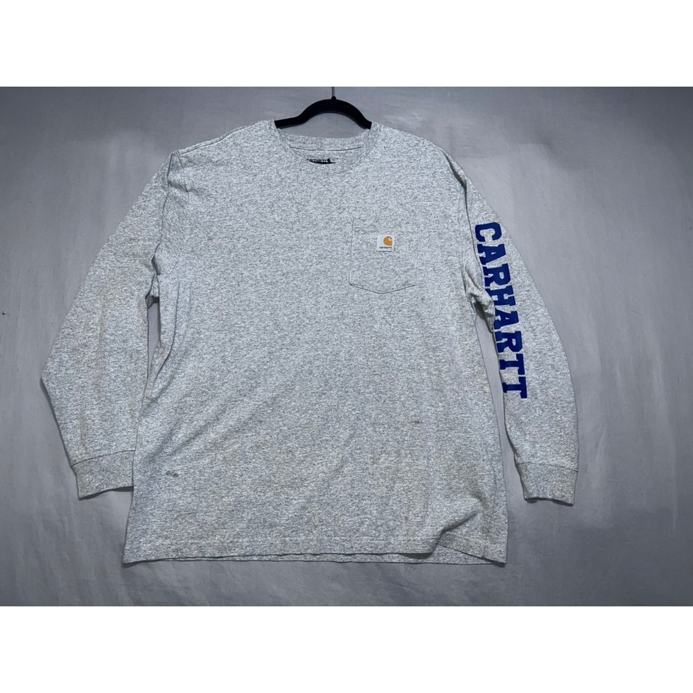 Carhartt Mens XL Loose Fit Long Sleeve Pocket T-Shirt Gray Blue Logo Graphic